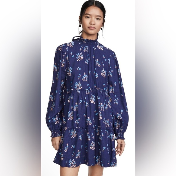 Free People Beautiful Floral Printed Open Back Long Sleeve Mini Dress Size Large - Picture 1 of 10